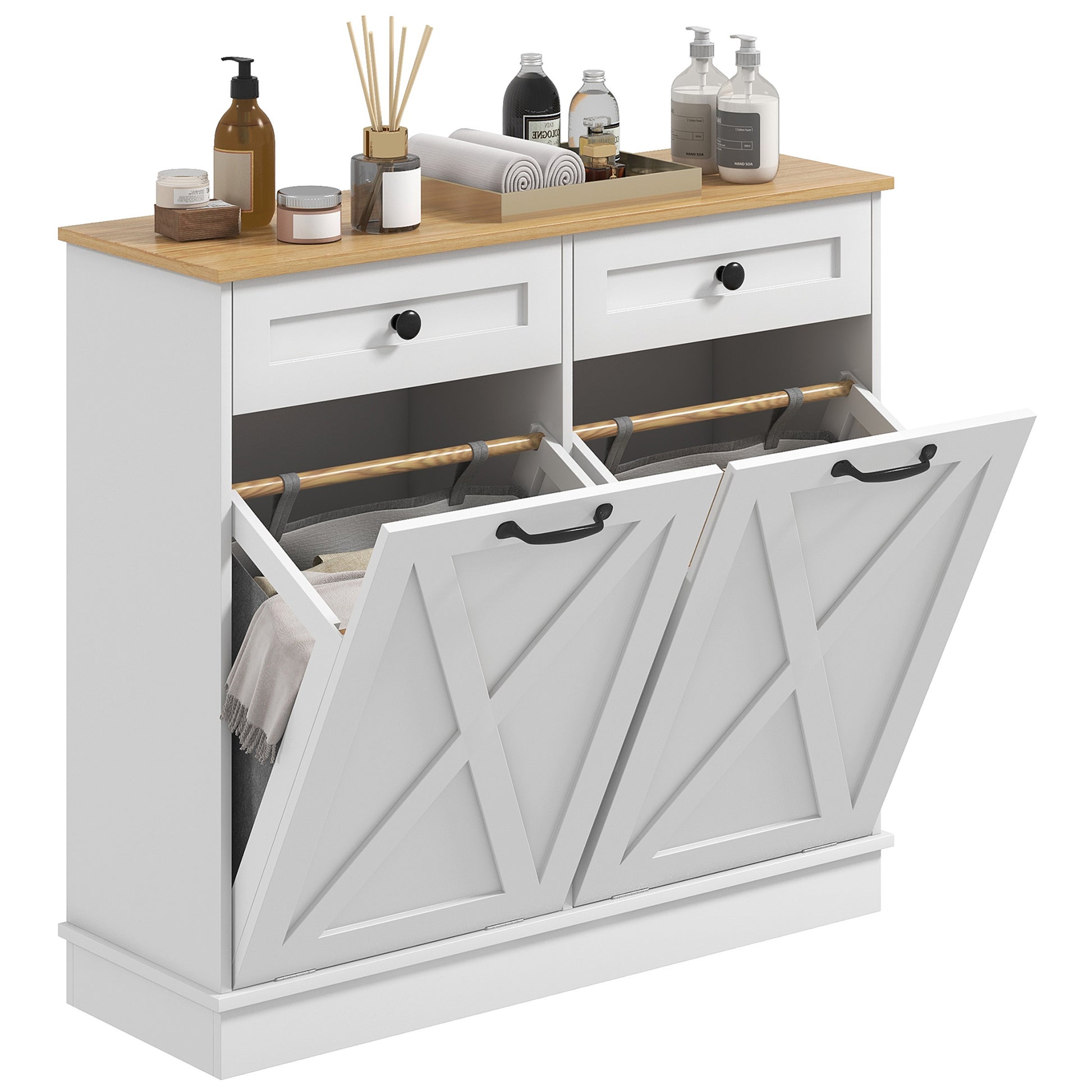 Tilt Out Laundry Cabinet, Bathroom Storage Cabinet with 2 Removable Baskets and 2 Drawers, White Bathroom Cabinets   at Gallery Canada