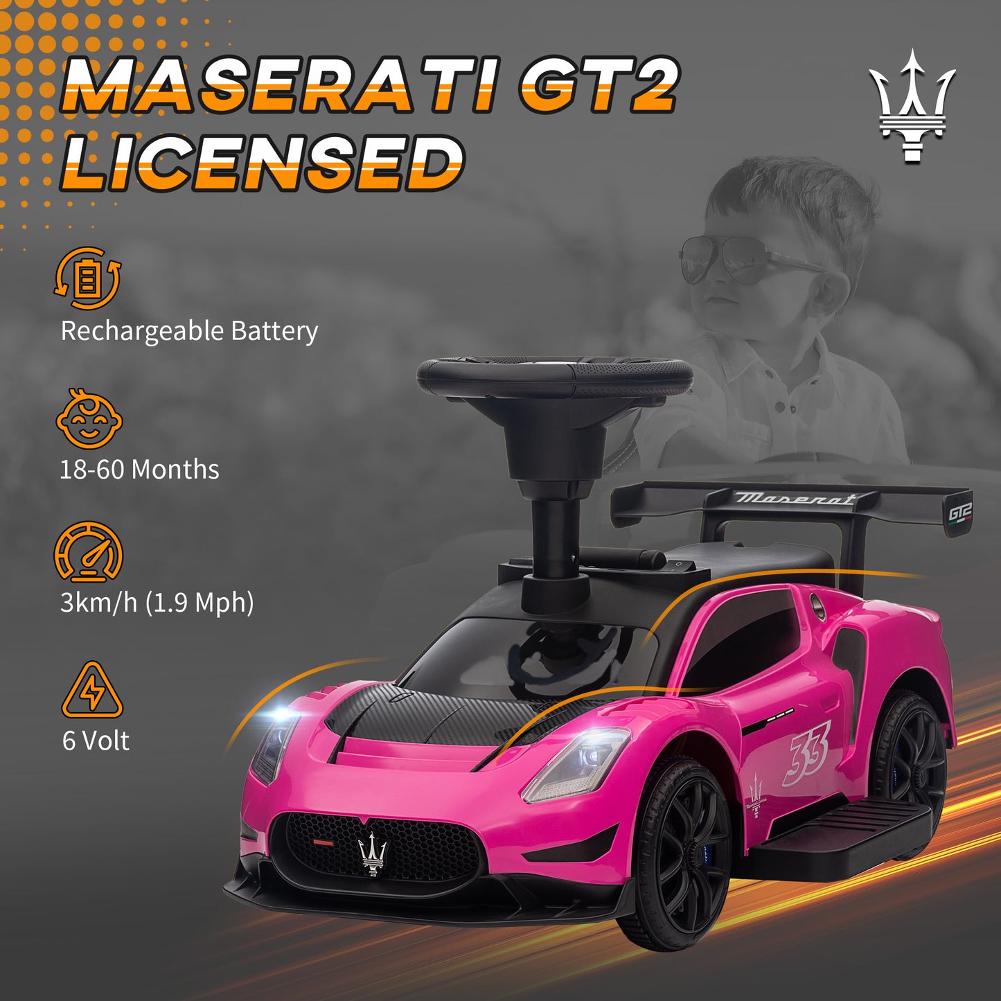 6V Maserati GT2 Licensed Electric Car for Kids, Ride on Car with Under Seat Storage, LED Headlights Music, Pink Electric Toy Cars   at Gallery Canada