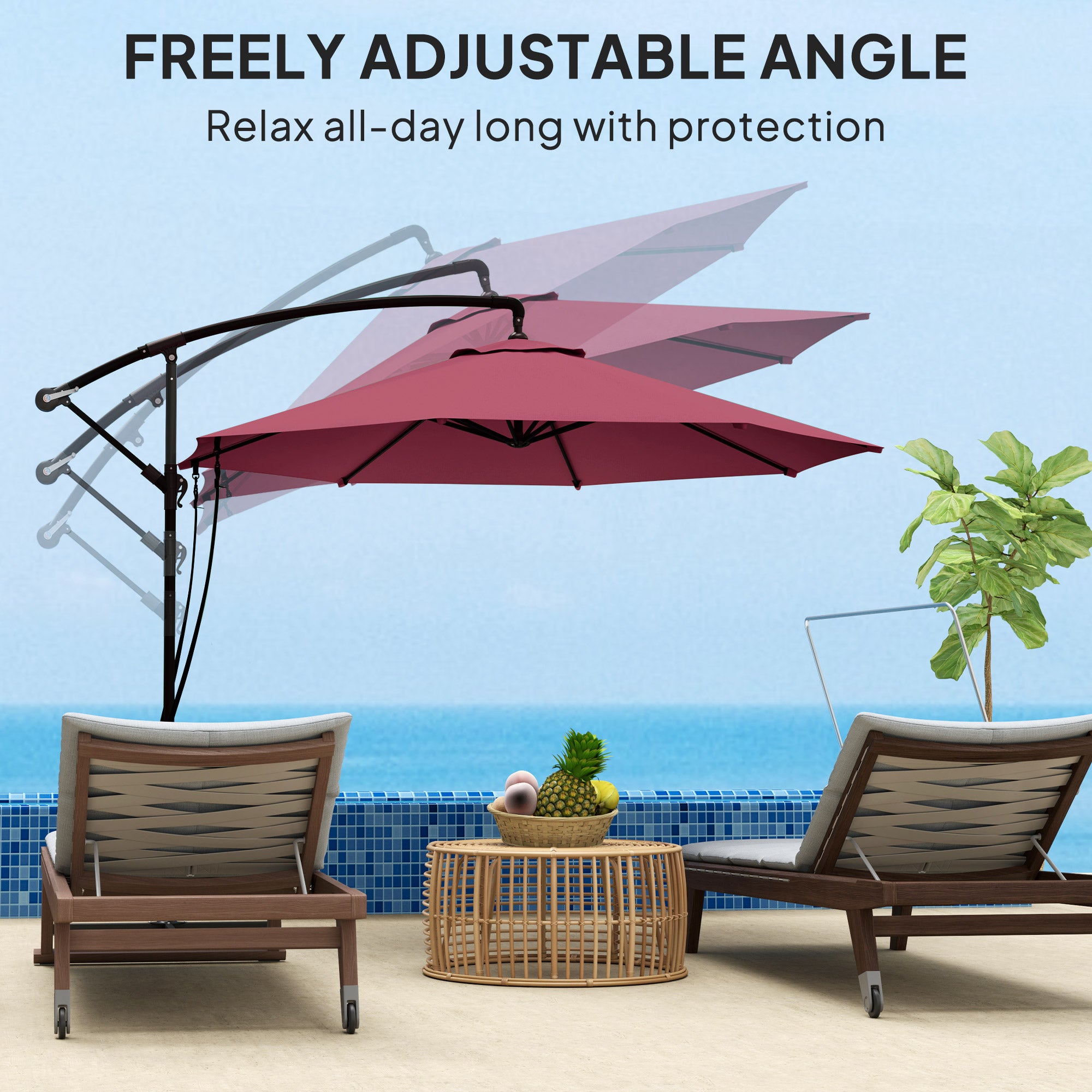9.5' Cantilever Umbrella with Wind Protection Strap and Cover, Hanging Umbrella with Crank and Cross Base, UPF 50+, Red Offset Cantilever Umbrellas at Gallery Canada