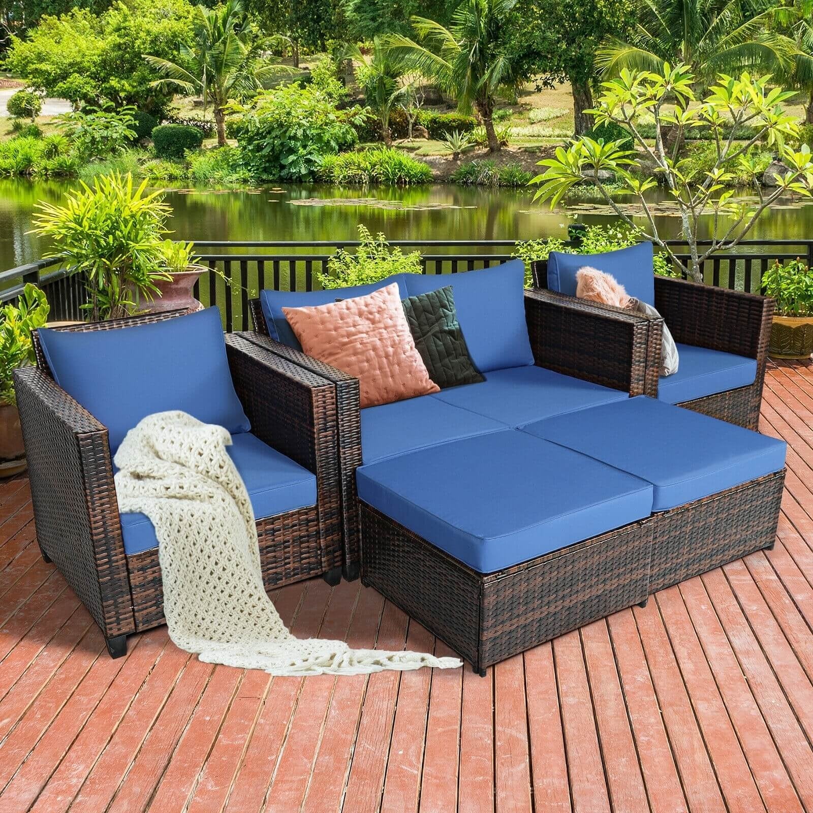 5 Pieces Patio Cushioned Rattan Furniture Set, Navy Outdoor Sectionals   at Gallery Canada