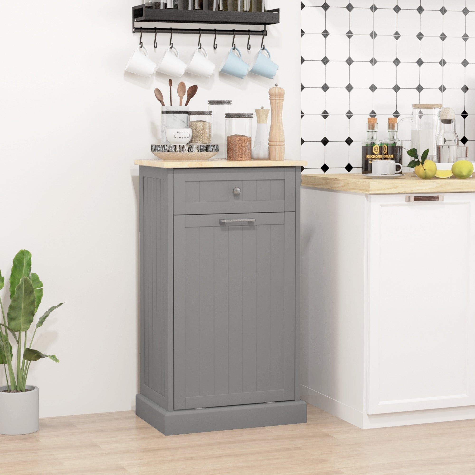 Kitchen Tilt Out Trash Bin Cabinet, Free Standing Recycling Cabinet, Trash Can Holder with Drawer, Grey Storage Cabinets at Gallery Canada