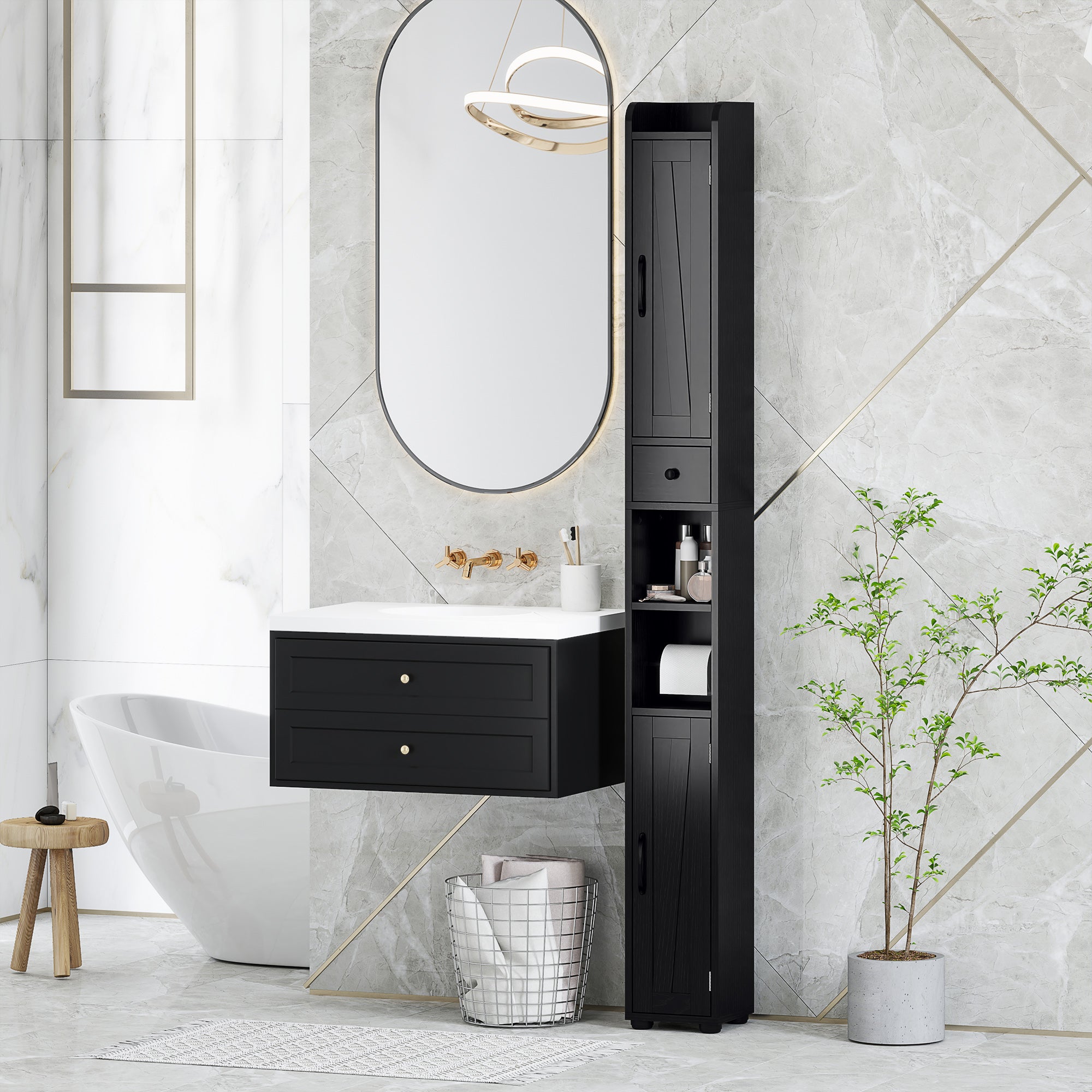 Narrow Bathroom Cabinet, Tall Bathroom Storage Cabinet with Barn Doors, Drawer and Adjustable Shelves, Black Wood Grain Bathroom Cabinets at Gallery Canada
