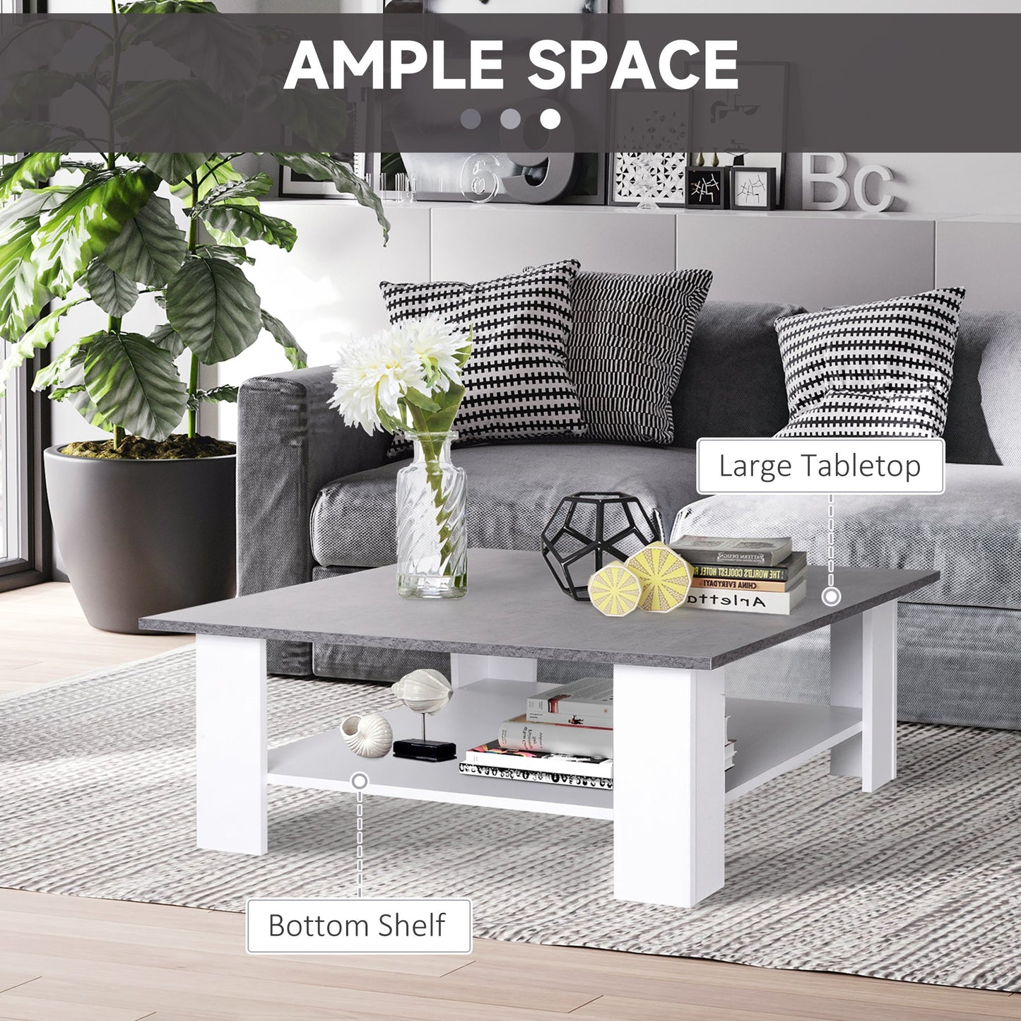 Square Coffee Table with Storage Shelf and Cement-like Tabletop for Living Room, White Coffee Tables   at Gallery Canada