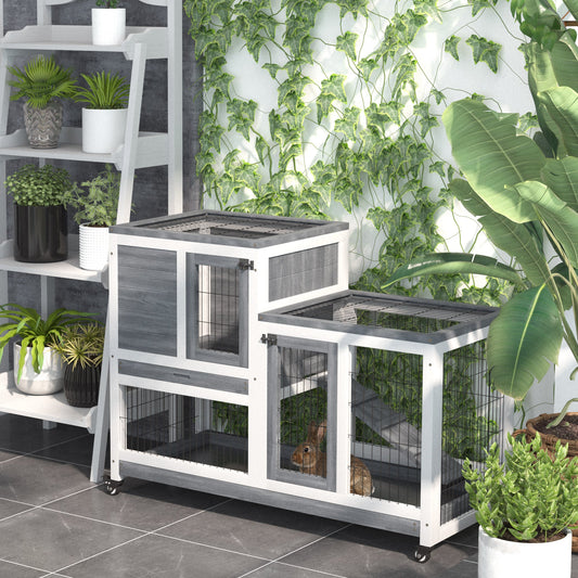 Rabbit Hutch Indoor Bunny Cage Guinea Pig House on Wheels with Run, Pull Out Trays, Grey and White Rabbit Hutch White and Grey  at Gallery Canada