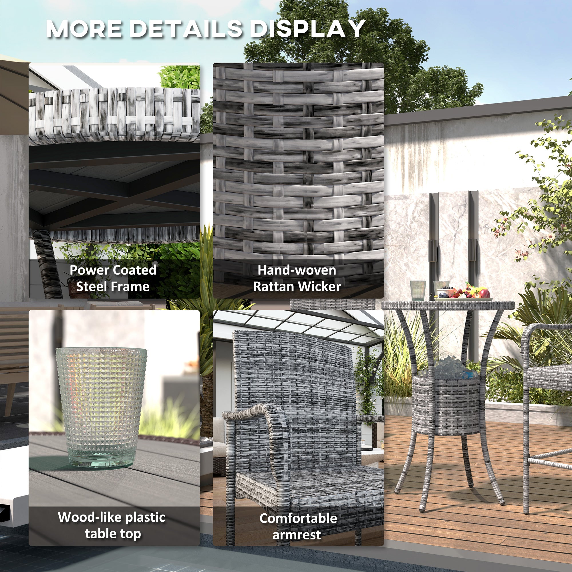 3 Pieces Patio Bar Set, Rattan Bistro Table and Chairs, Outdoor Conversation Furniture Set with Ice Bucket, Mixed Grey Bistro Sets at Gallery Canada