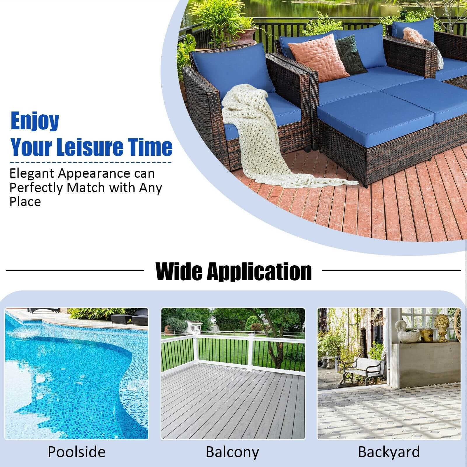 5 Pieces Patio Cushioned Rattan Furniture Set, Navy Outdoor Sectionals at Gallery Canada