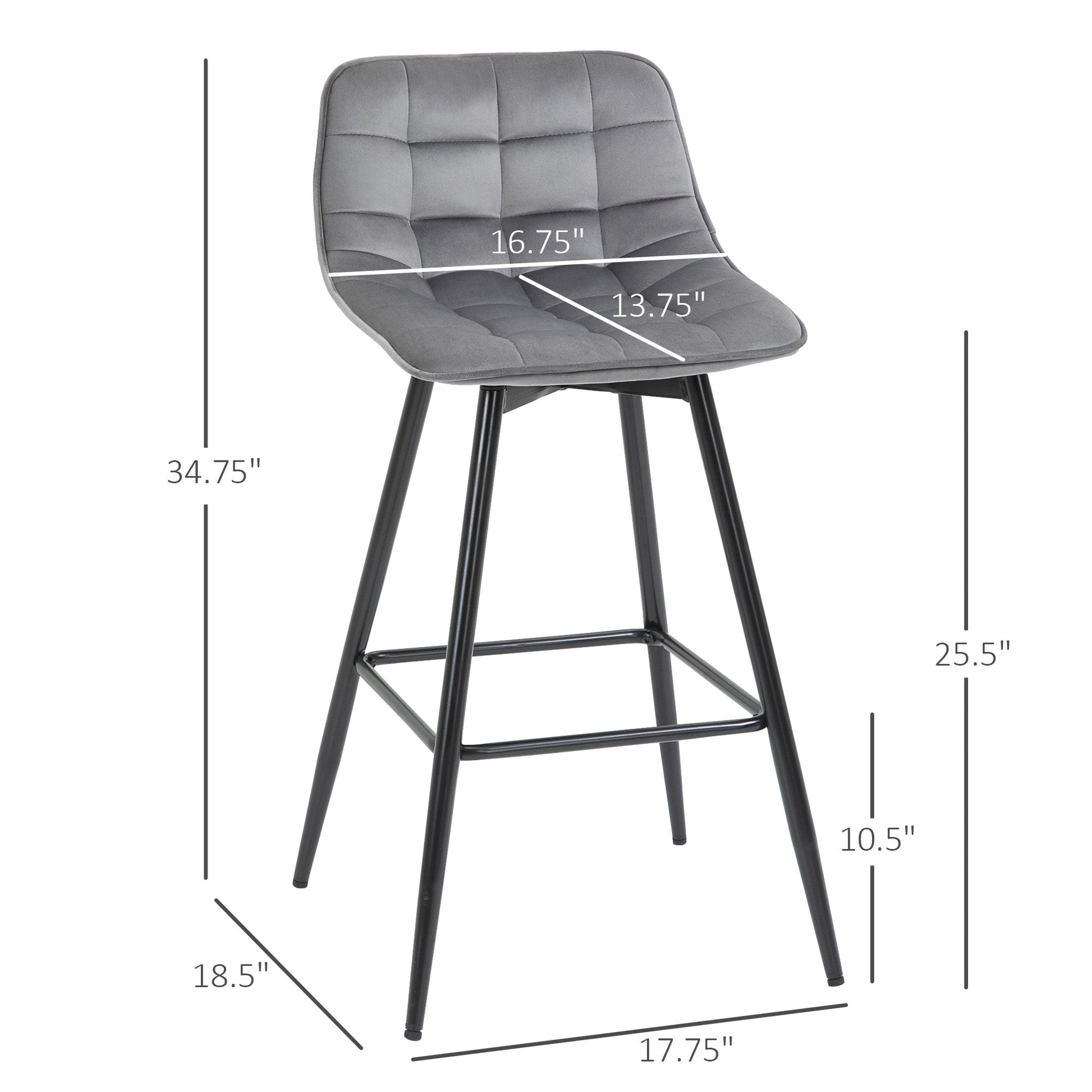 Bar Stools Set of 2, Fabric Upholstered Counter Height Bar Chairs, Kitchen Chairs with Back and Metal Legs, Grey Bar Stools   at Gallery Canada