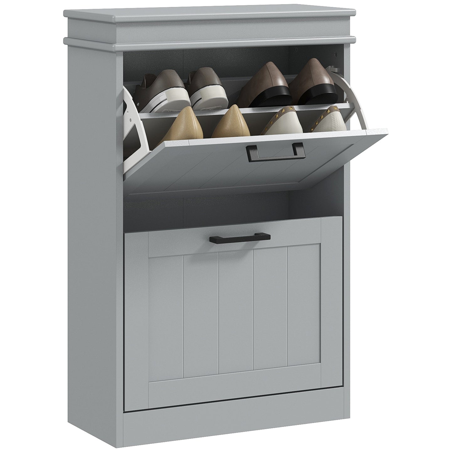 Shoe Storage Cabinet with 2 Flip Drawers and Adjustable Shelves, Narrow Shoe Cabinet for 10 Pairs of Shoes, Grey