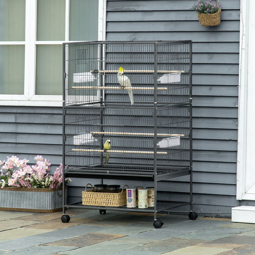 52'' Large Rolling Steel Bird Cage Bird House with Rolling Stand, Storage Shelf, Wood Perch, Food Container, Dark Grey