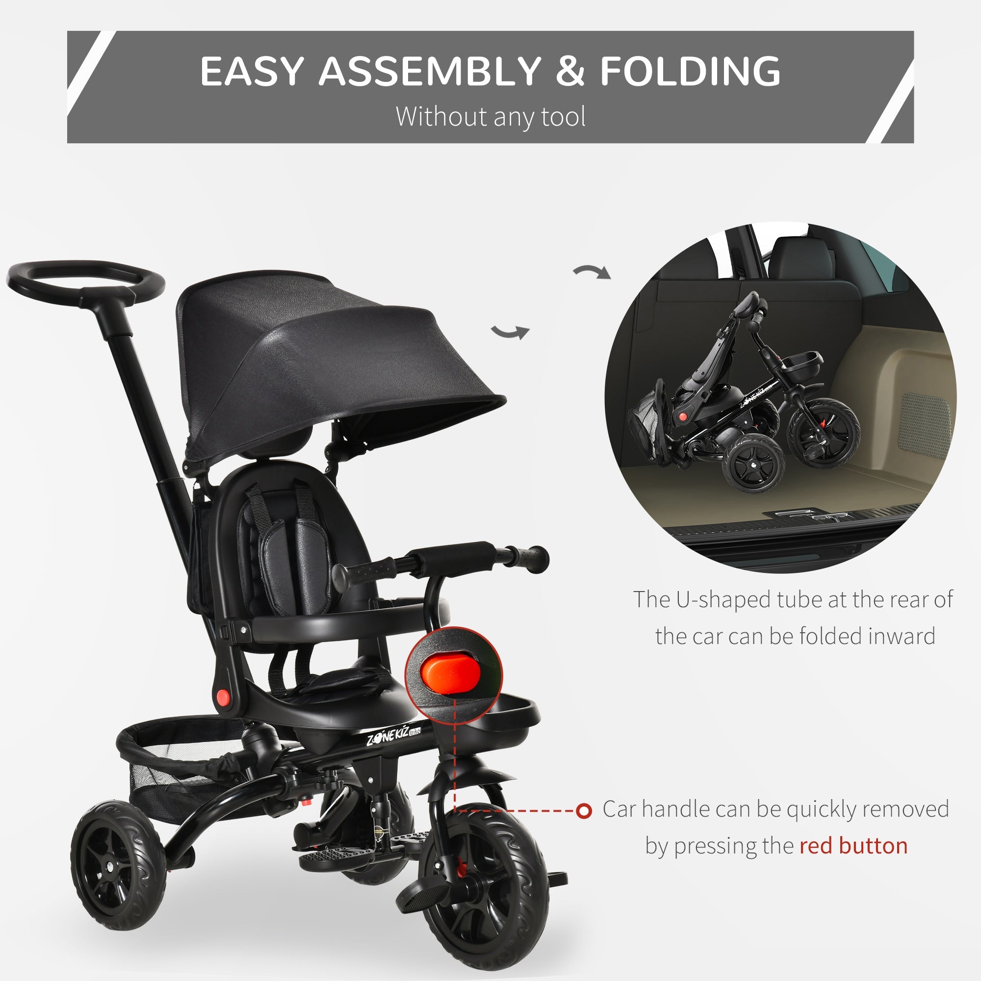 4-in-1 Baby Tricycle with Adjustable Seat, Handle, Canopy, Storage, Black Tricycles for Kids   at Gallery Canada