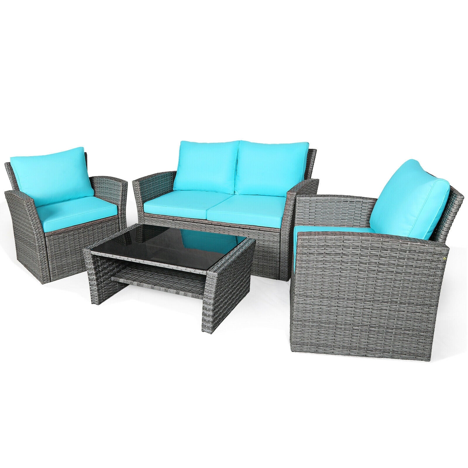 4 Pcs Patio Rattan Furniture Set Sofa Table with Storage Shelf Cushion, Turquoise Patio Conversation Sets   at Gallery Canada