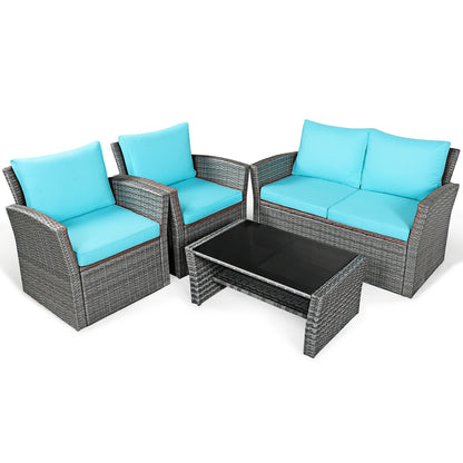 4 Pcs Patio Rattan Furniture Set Sofa Table with Storage Shelf Cushion, Turquoise Patio Conversation Sets   at Gallery Canada