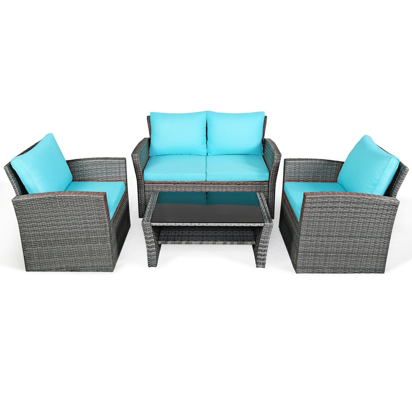 4 Pcs Patio Rattan Furniture Set Sofa Table with Storage Shelf Cushion, Turquoise Patio Conversation Sets Turquoise  at Gallery Canada