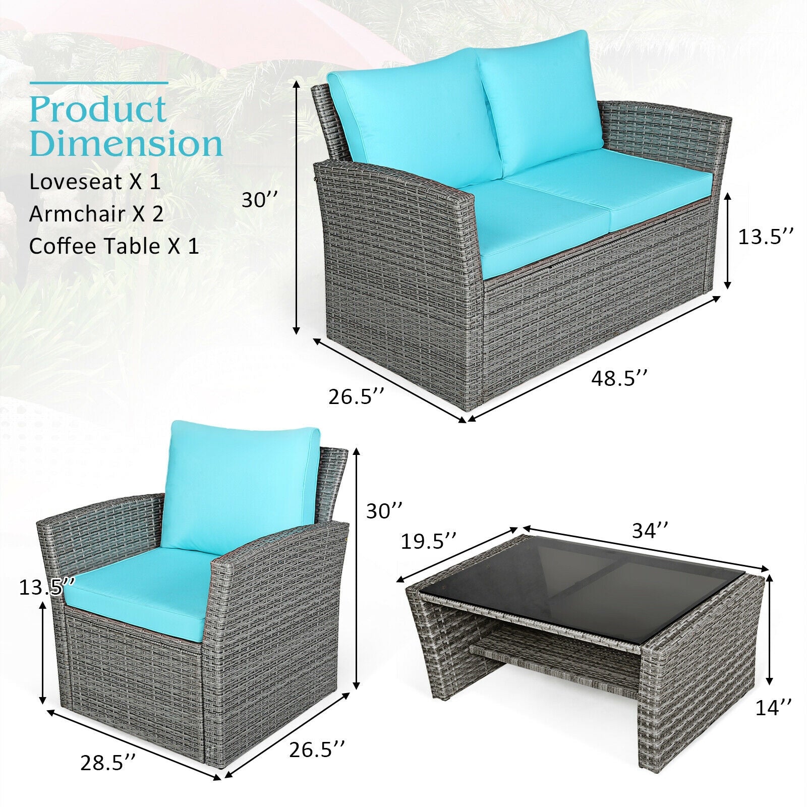 4 Pcs Patio Rattan Furniture Set Sofa Table with Storage Shelf Cushion, Turquoise Patio Conversation Sets   at Gallery Canada