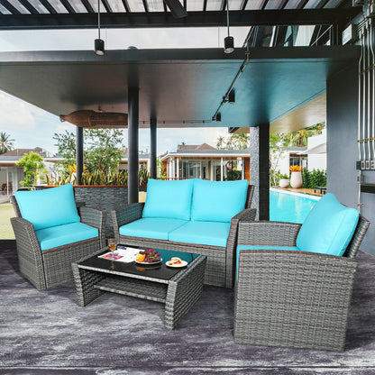 4 Pcs Patio Rattan Furniture Set Sofa Table with Storage Shelf Cushion, Turquoise Patio Conversation Sets   at Gallery Canada