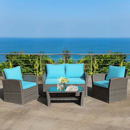 4 Pcs Patio Rattan Furniture Set Sofa Table with Storage Shelf Cushion, Turquoise Patio Conversation Sets   at Gallery Canada