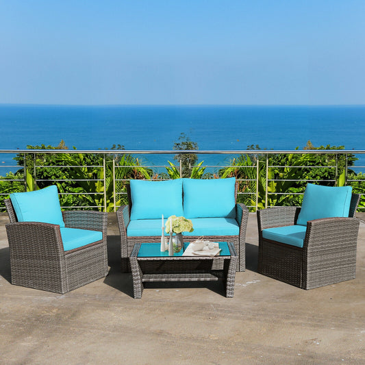 4 Pcs Patio Rattan Furniture Set Sofa Table with Storage Shelf Cushion, Turquoise Patio Conversation Sets Turquoise  at Gallery Canada