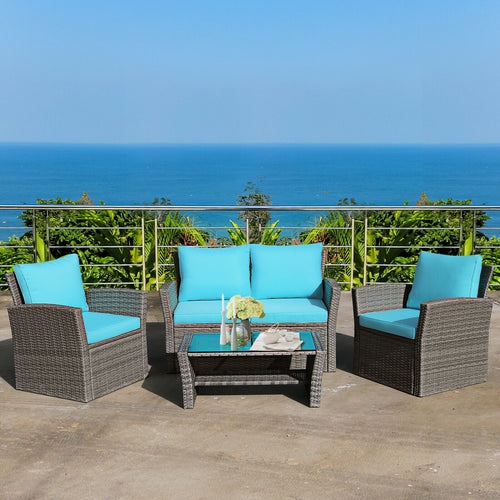 4 Pcs Patio Rattan Furniture Set Sofa Table with Storage Shelf Cushion, Turquoise