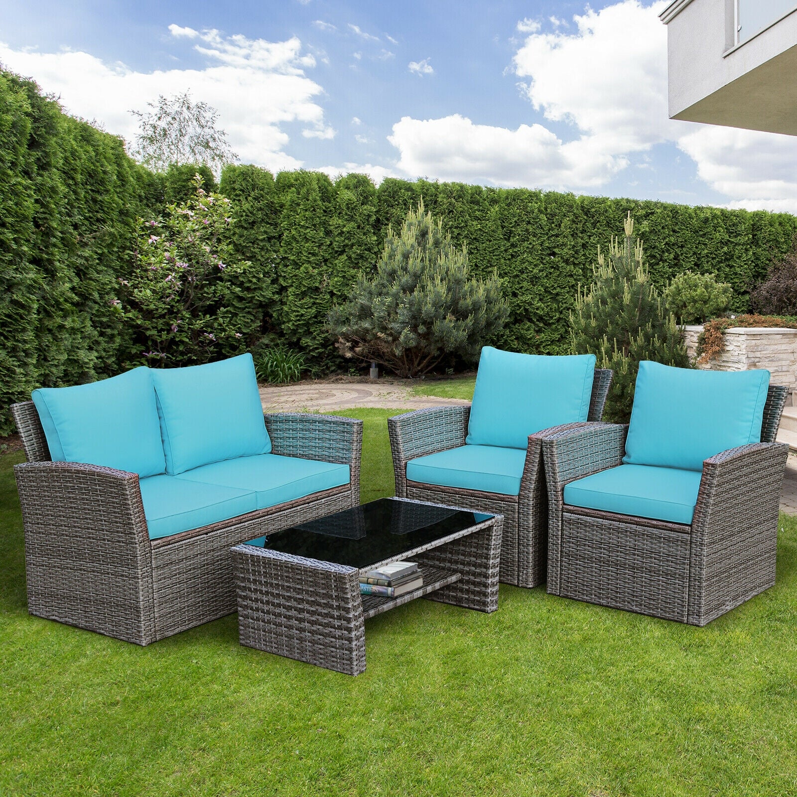 4 Pcs Patio Rattan Furniture Set Sofa Table with Storage Shelf Cushion, Turquoise Patio Conversation Sets   at Gallery Canada