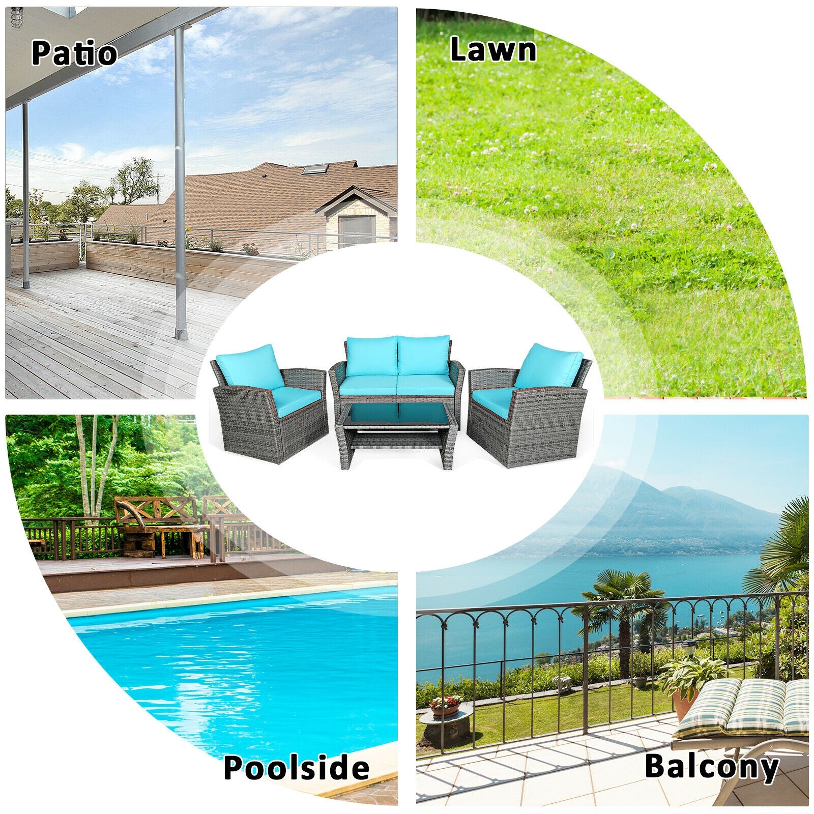 4 Pcs Patio Rattan Furniture Set Sofa Table with Storage Shelf Cushion, Turquoise Patio Conversation Sets   at Gallery Canada