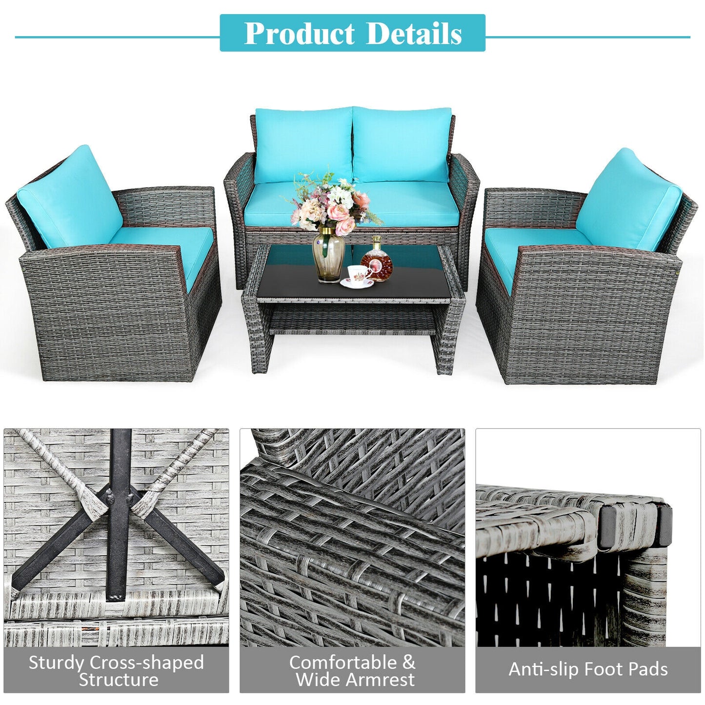 4 Pcs Patio Rattan Furniture Set Sofa Table with Storage Shelf Cushion, Turquoise Patio Conversation Sets   at Gallery Canada