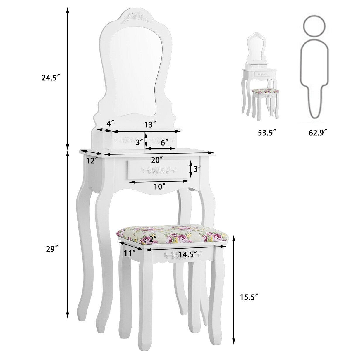 Makeup Dressing Table and Bench 3 Drawers and Cushioned Stool for Girls, White Makeup Vanities   at Gallery Canada