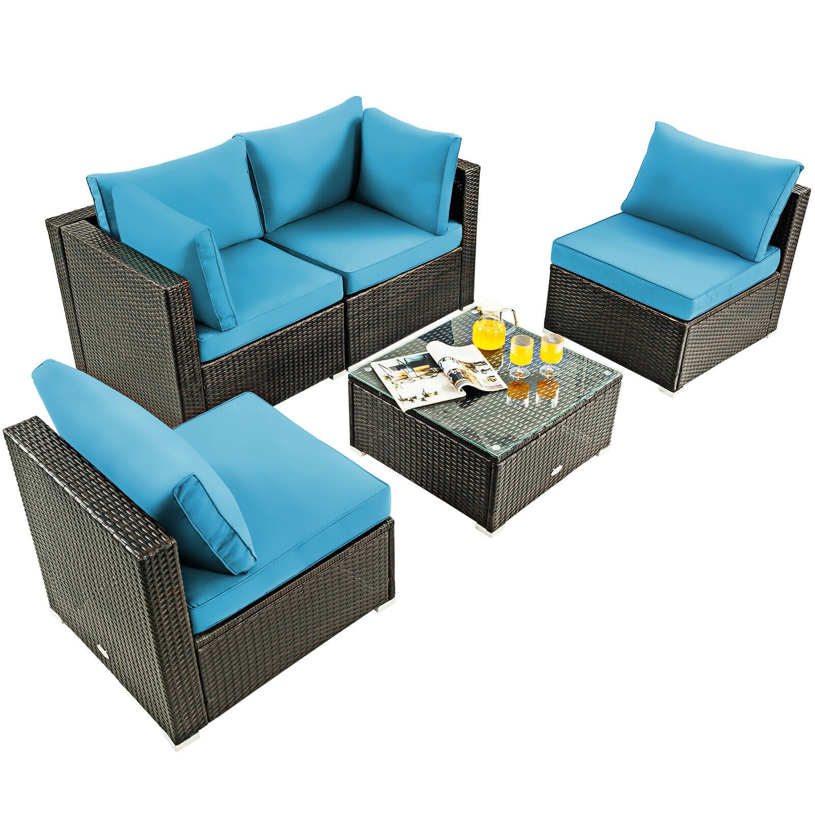 5 Pieces Cushioned Patio Rattan Furniture Set with Glass Table, Turquoise Outdoor Sectionals   at Gallery Canada