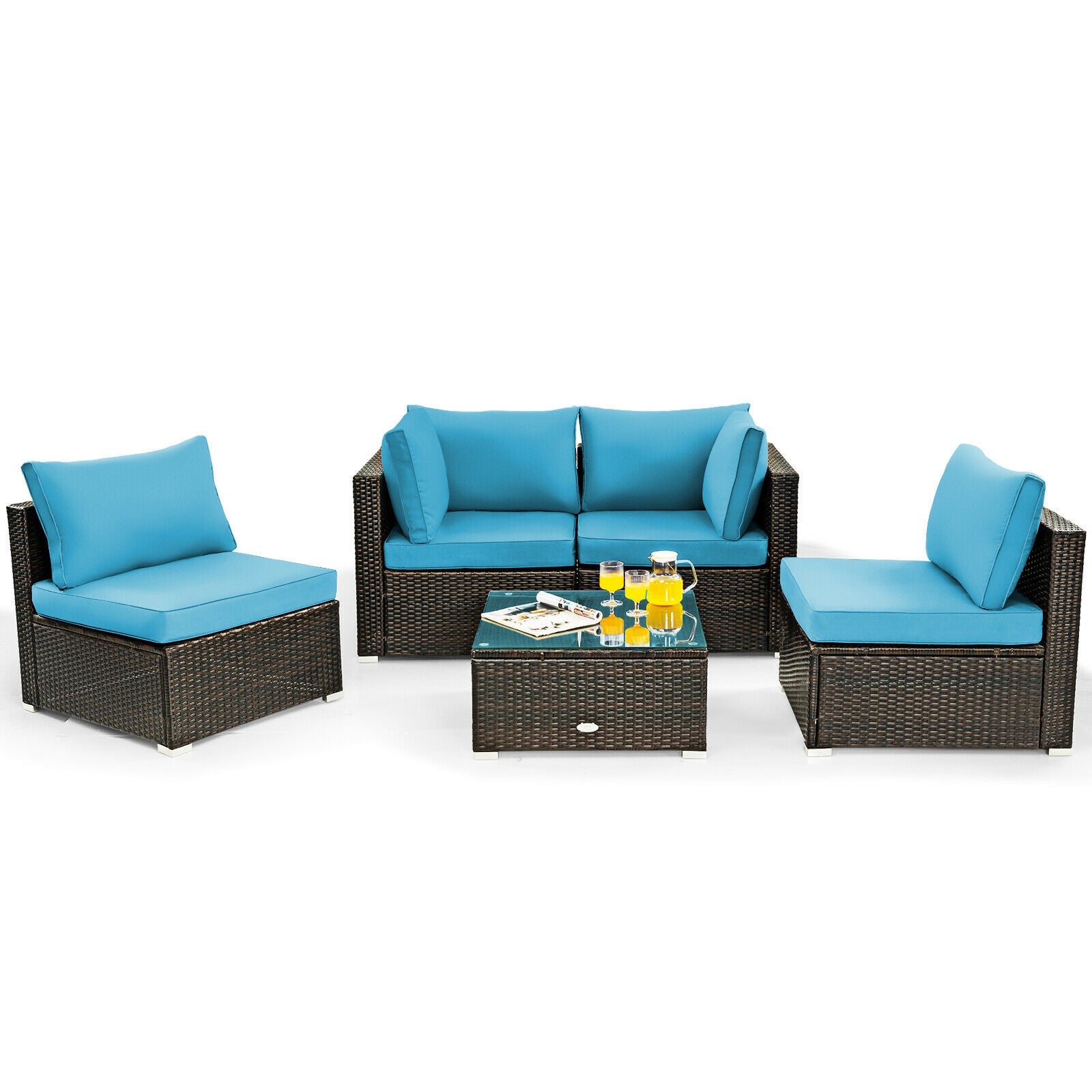 5 Pieces Cushioned Patio Rattan Furniture Set with Glass Table, Turquoise Outdoor Sectionals   at Gallery Canada