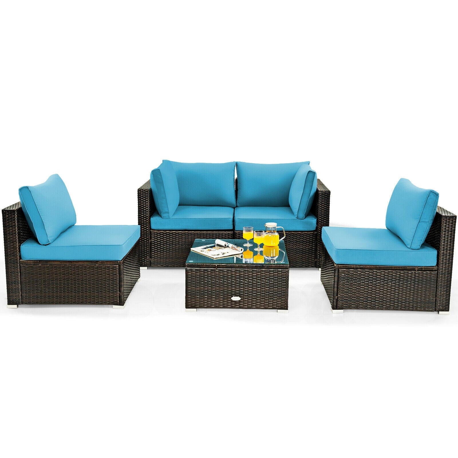 5 Pieces Cushioned Patio Rattan Furniture Set with Glass Table, Turquoise Outdoor Sectionals Turquoise  at Gallery Canada