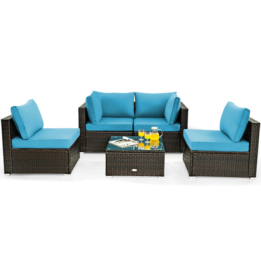 5 Pieces Cushioned Patio Rattan Furniture Set with Glass Table, Turquoise - Gallery Canada