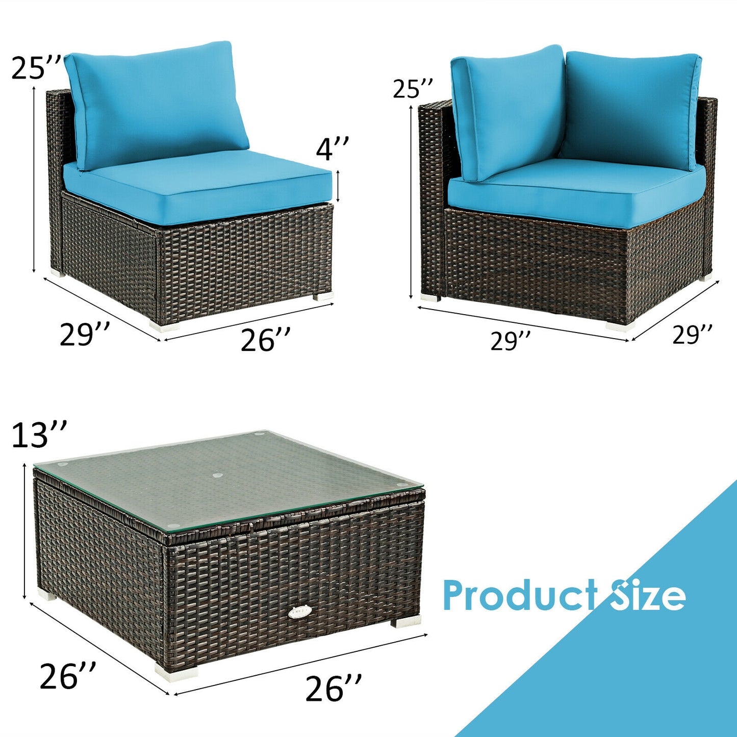 5 Pieces Cushioned Patio Rattan Furniture Set with Glass Table, Turquoise Outdoor Sectionals   at Gallery Canada