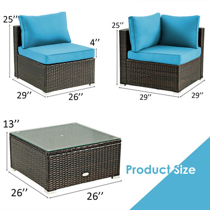 5 Pieces Cushioned Patio Rattan Furniture Set with Glass Table, Turquoise Outdoor Sectionals   at Gallery Canada