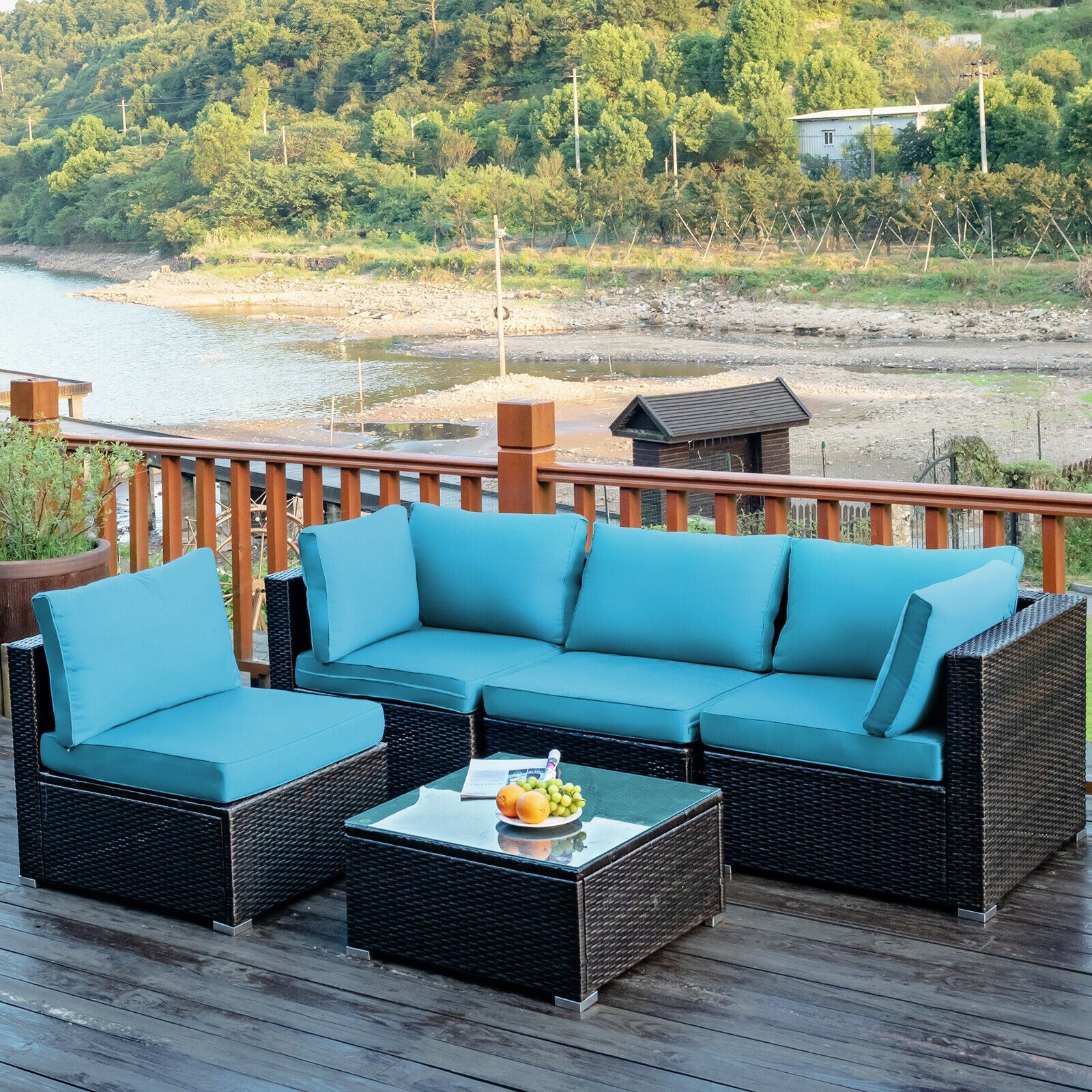 5 Pieces Cushioned Patio Rattan Furniture Set with Glass Table, Turquoise Outdoor Sectionals   at Gallery Canada