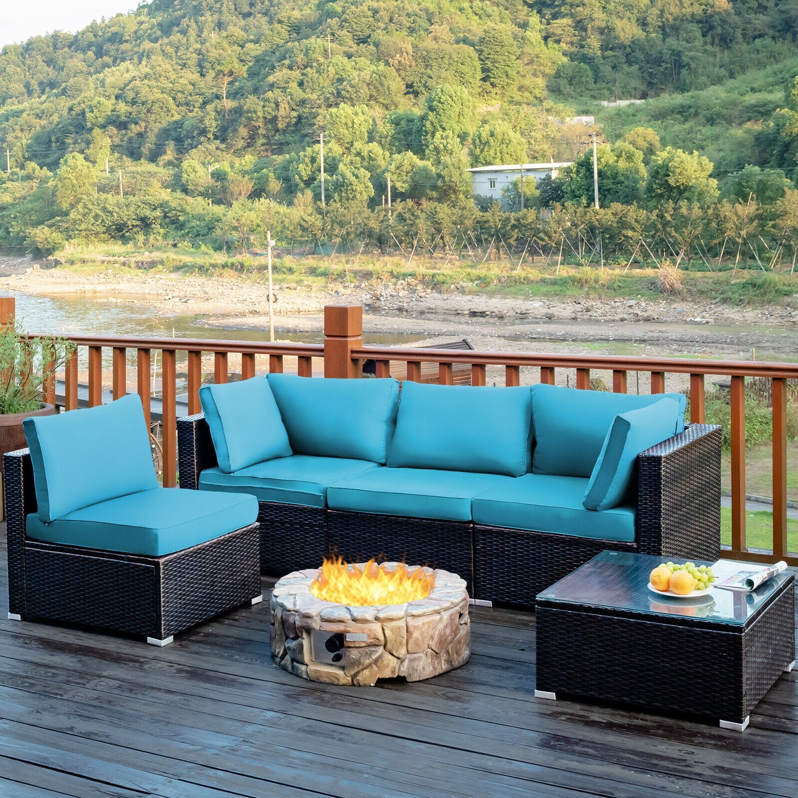 5 Pieces Cushioned Patio Rattan Furniture Set with Glass Table, Turquoise Outdoor Sectionals   at Gallery Canada