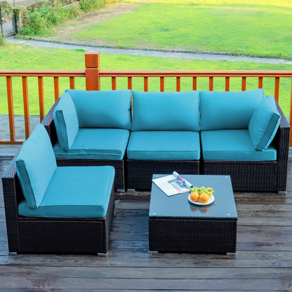 5 Pieces Cushioned Patio Rattan Furniture Set with Glass Table, Turquoise Outdoor Sectionals   at Gallery Canada