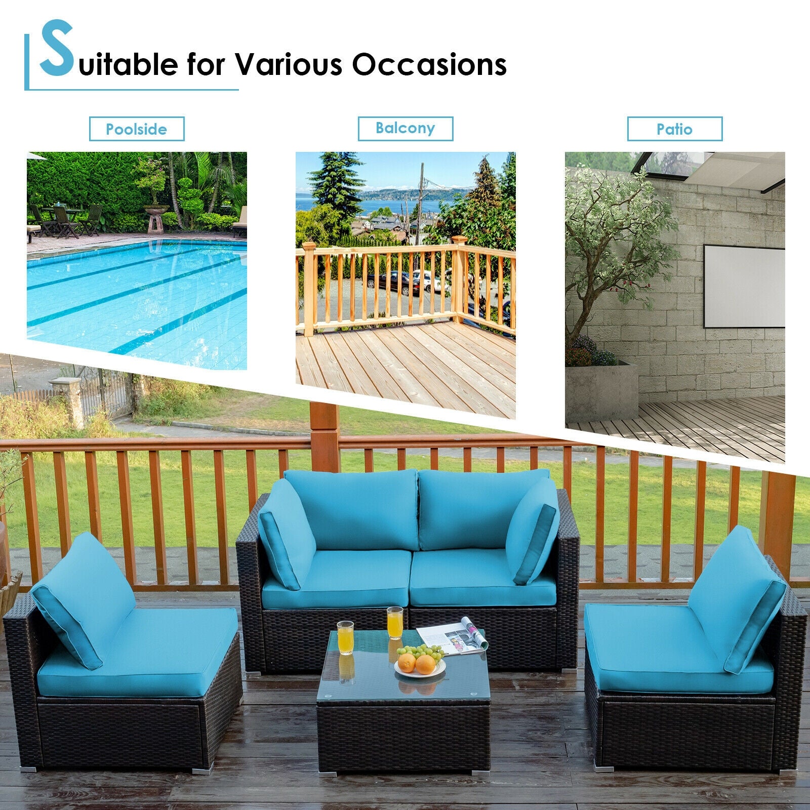 5 Pieces Cushioned Patio Rattan Furniture Set with Glass Table, Turquoise Outdoor Sectionals   at Gallery Canada