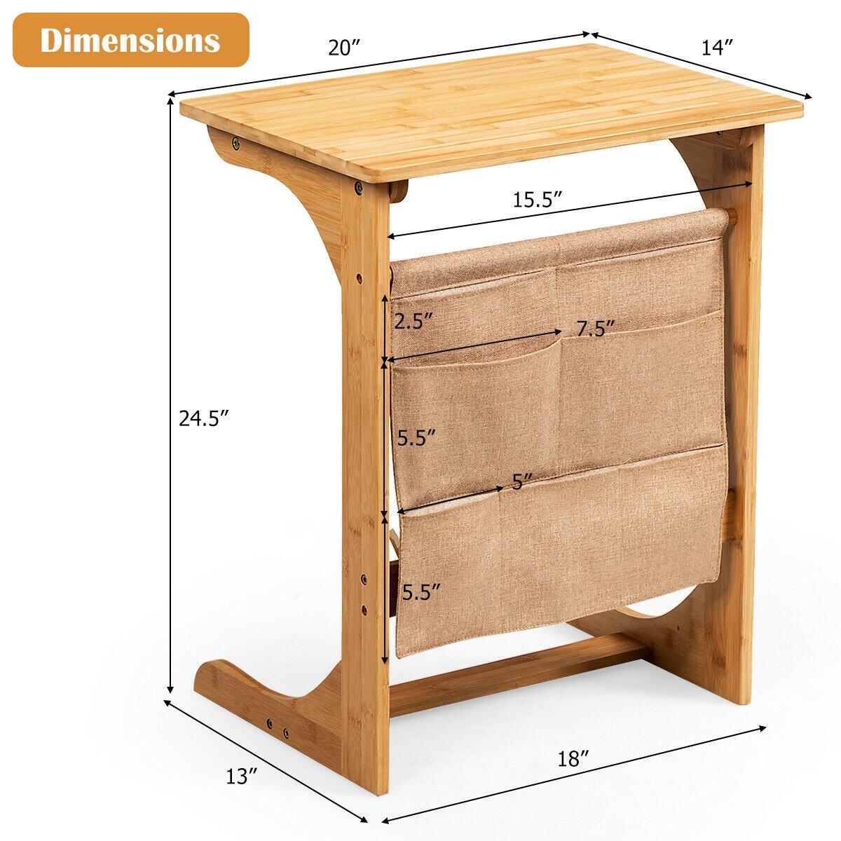 Bamboo Sofa Table End Table Bedside Table with Storage Bag, Natural - Gallery Canada