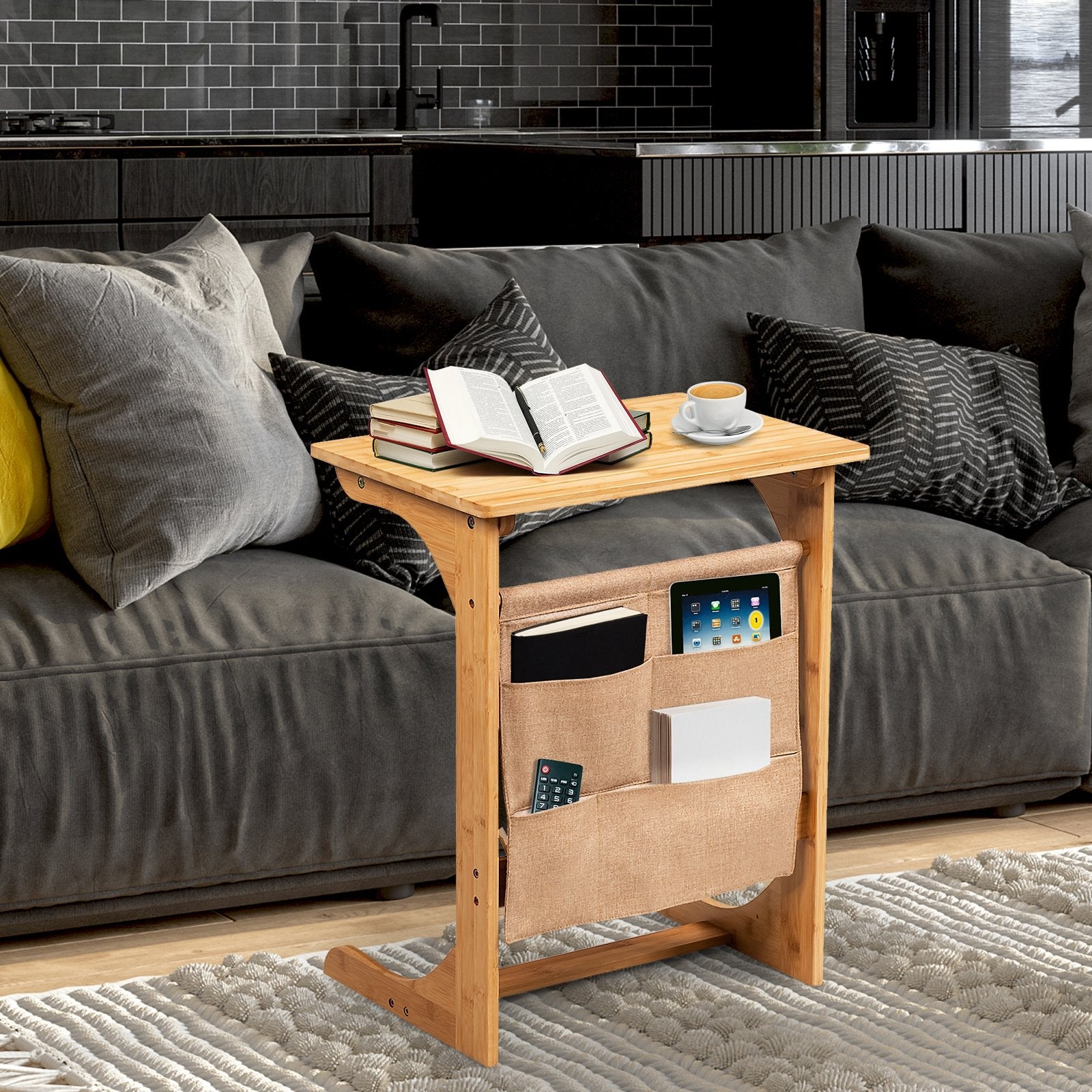 Bamboo Sofa Table End Table Bedside Table with Storage Bag, Natural End & Side Tables   at Gallery Canada