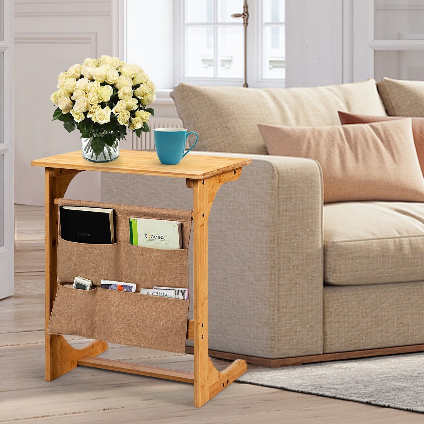 Bamboo Sofa Table End Table Bedside Table with Storage Bag, Natural End & Side Tables   at Gallery Canada