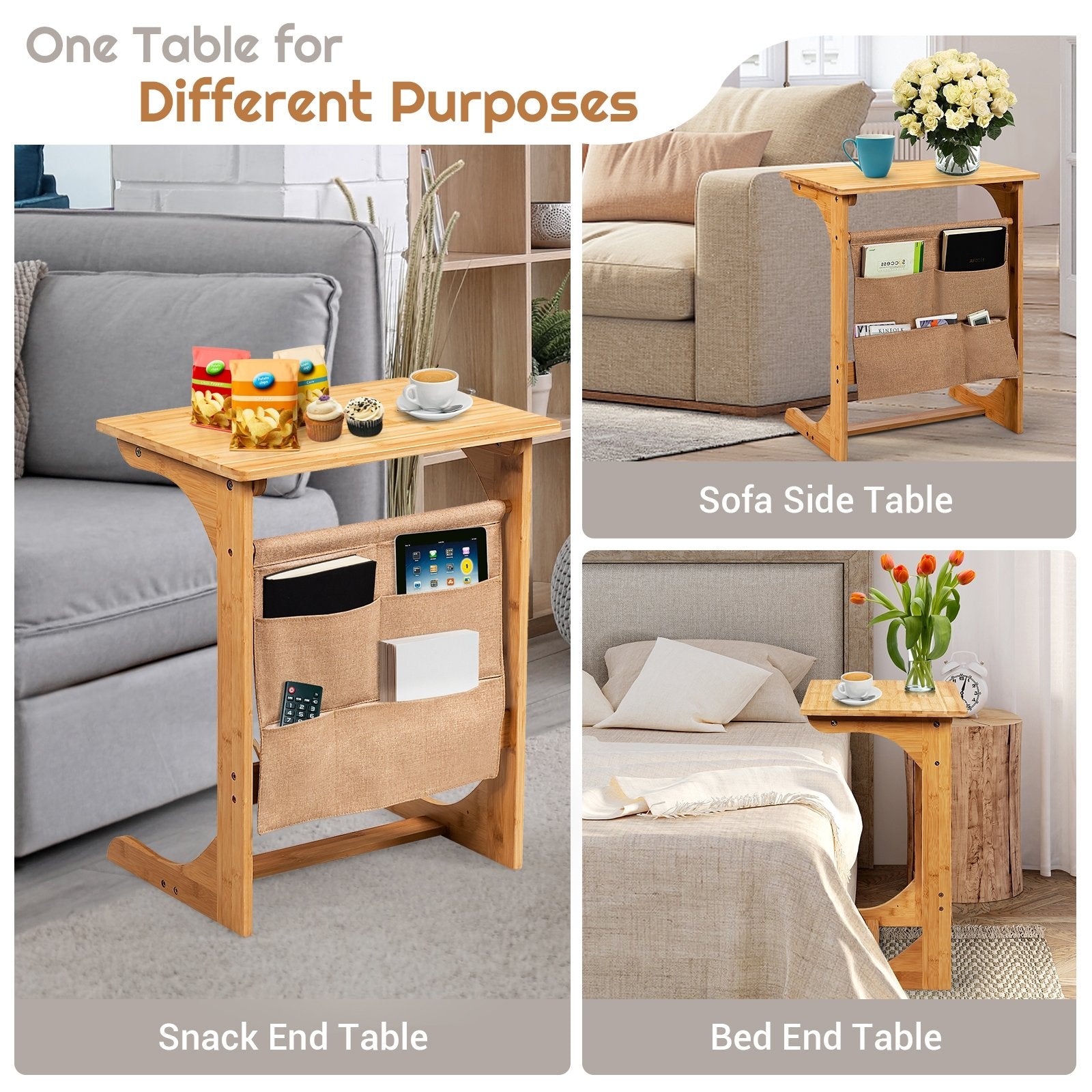 Bamboo Sofa Table End Table Bedside Table with Storage Bag, Natural End & Side Tables   at Gallery Canada