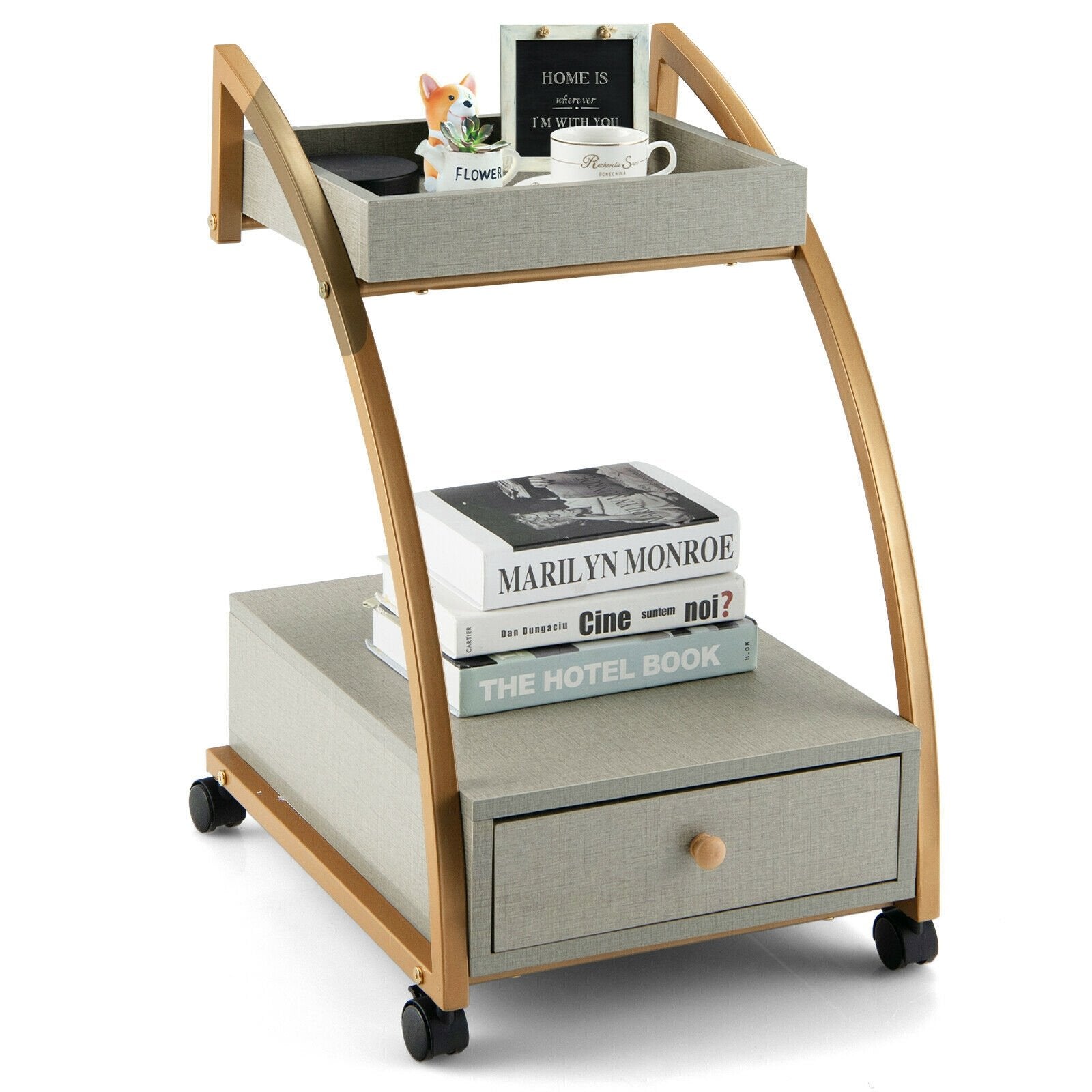 Modern Tray Top 4 Casters Rolling End Table with Storage Drawer, Gray Kitchen Islands & Carts   at Gallery Canada