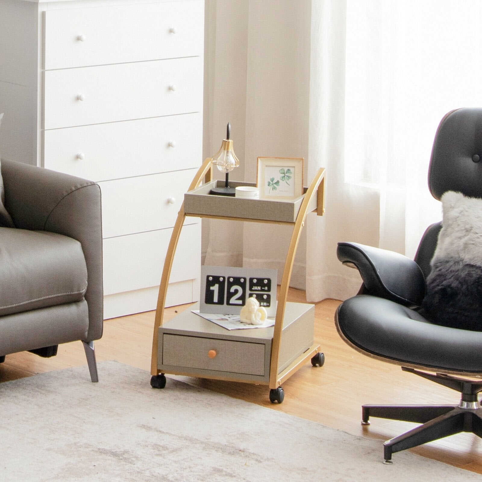 Modern Tray Top 4 Casters Rolling End Table with Storage Drawer, Gray Kitchen Islands & Carts   at Gallery Canada