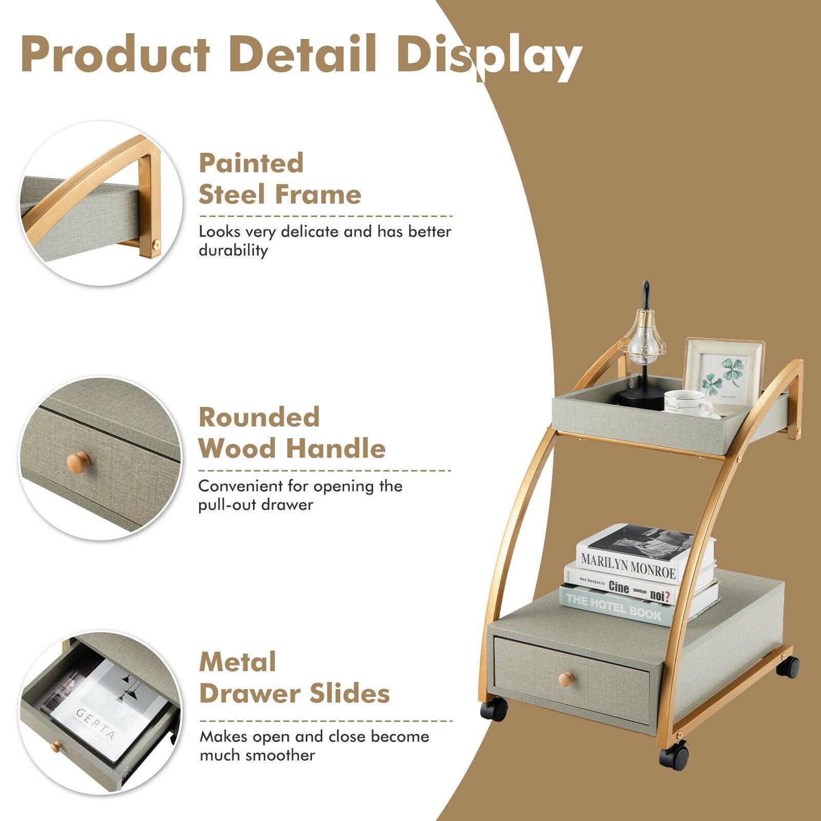 Modern Tray Top 4 Casters Rolling End Table with Storage Drawer, Gray Kitchen Islands & Carts   at Gallery Canada