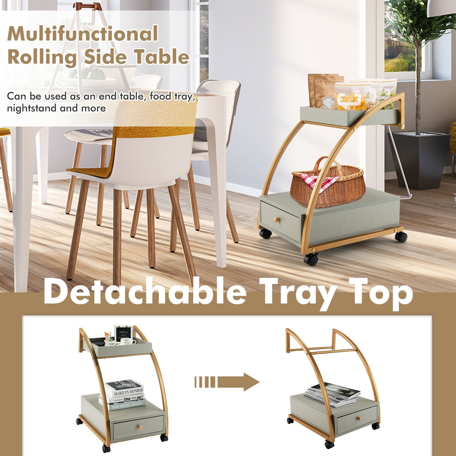 Modern Tray Top 4 Casters Rolling End Table with Storage Drawer, Gray Kitchen Islands & Carts   at Gallery Canada