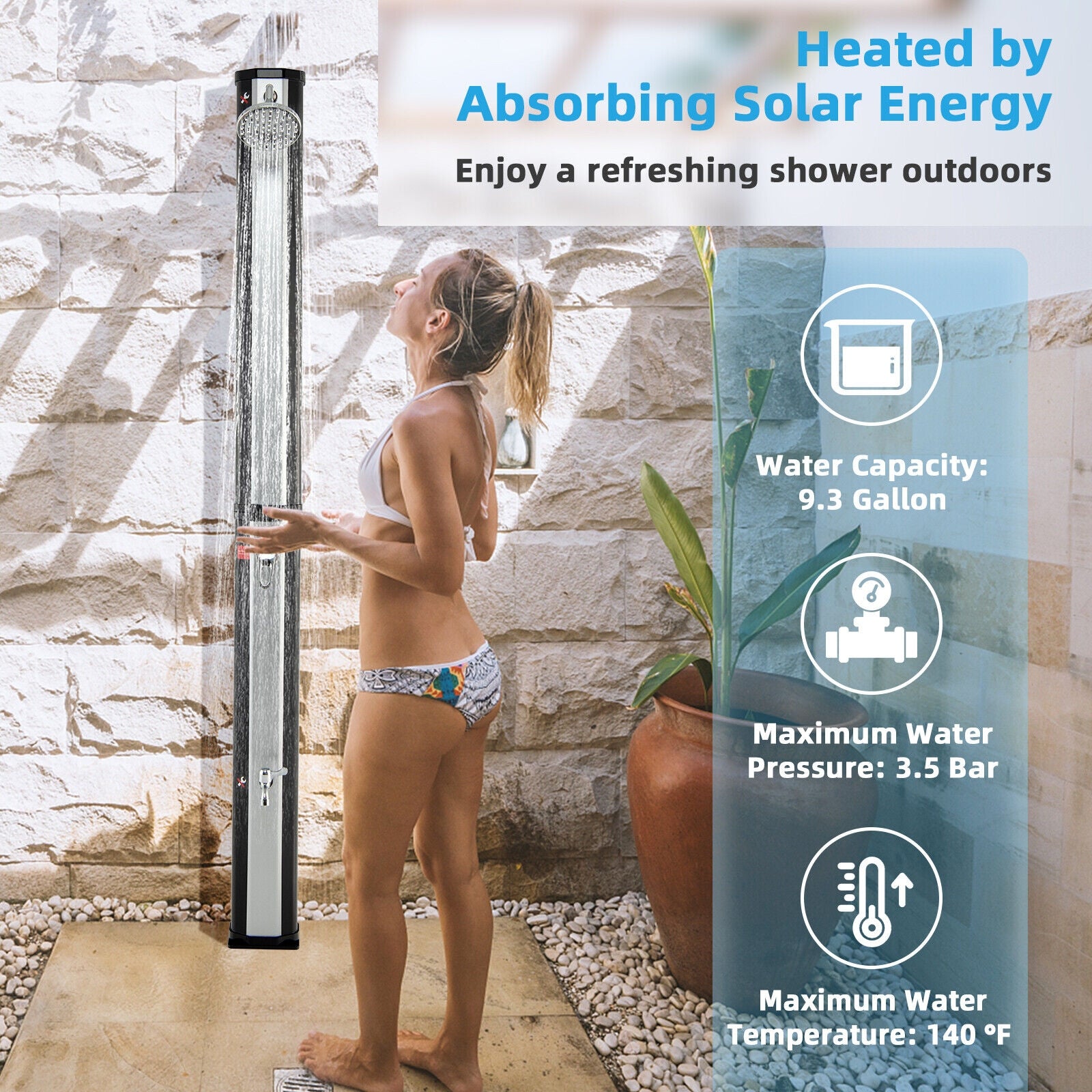 7.2 Feet 9.3 Gallon Solar Heated Shower with Adjustable Head and Foot Tap, Black Portable Toilets & Showers at Gallery Canada