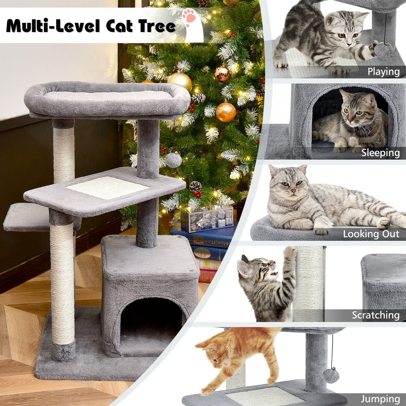 Cat Tree with Perch and Hanging Ball for Indoor Activity Play and Rest, Gray Cat Trees Condos & Scratchers   at Gallery Canada