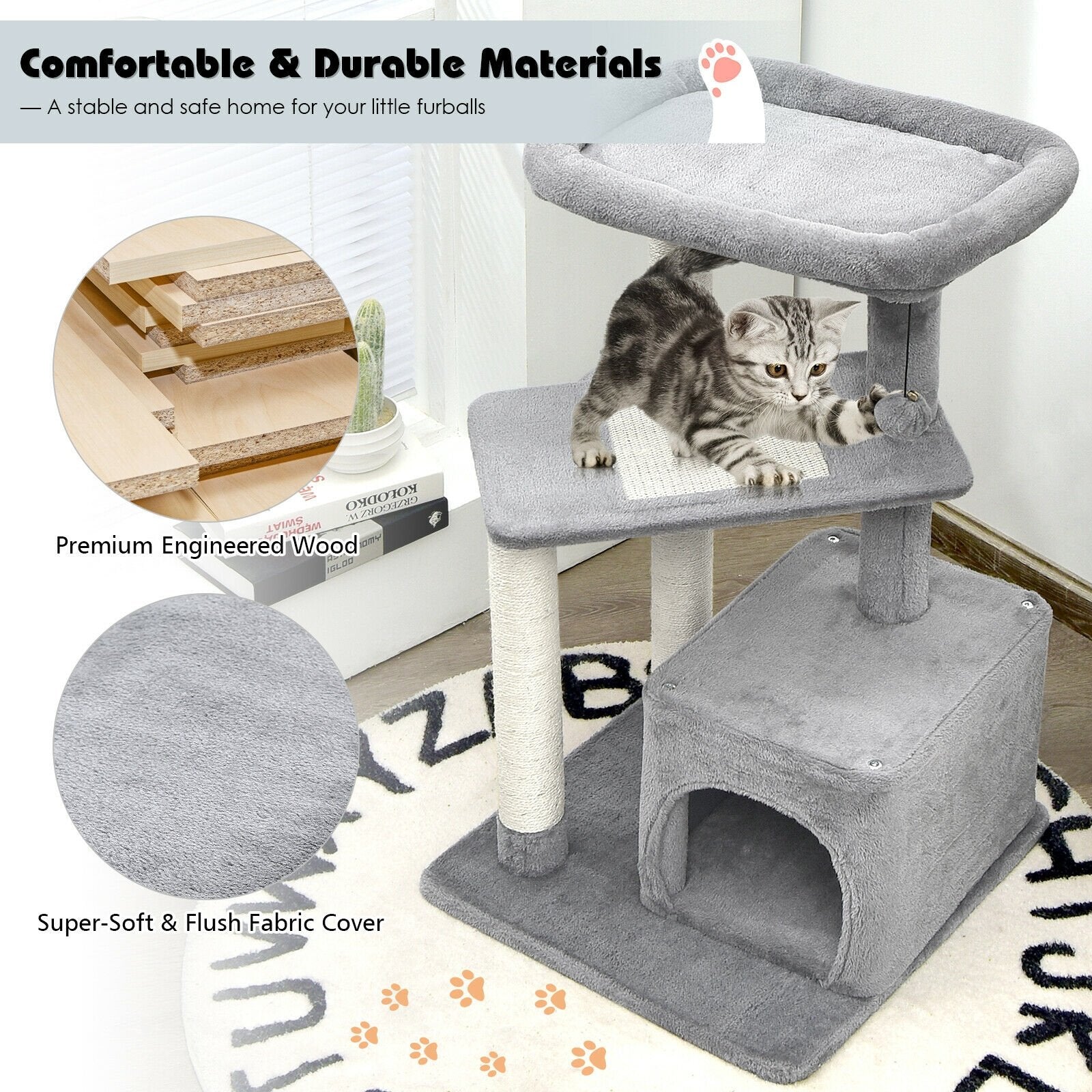 Cat Tree with Perch and Hanging Ball for Indoor Activity Play and Rest, Gray Cat Trees Condos & Scratchers   at Gallery Canada