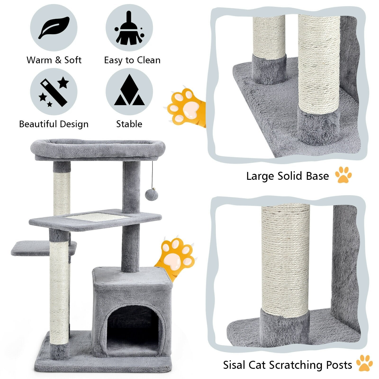 Cat Tree with Perch and Hanging Ball for Indoor Activity Play and Rest, Gray Cat Trees Condos & Scratchers   at Gallery Canada