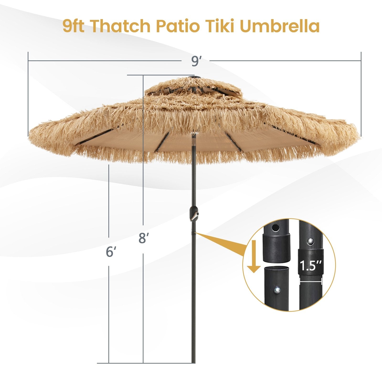 9 Feet Solar Powered Thatched Tiki Patio Umbrella with Led Lights., Natural - Gallery Canada