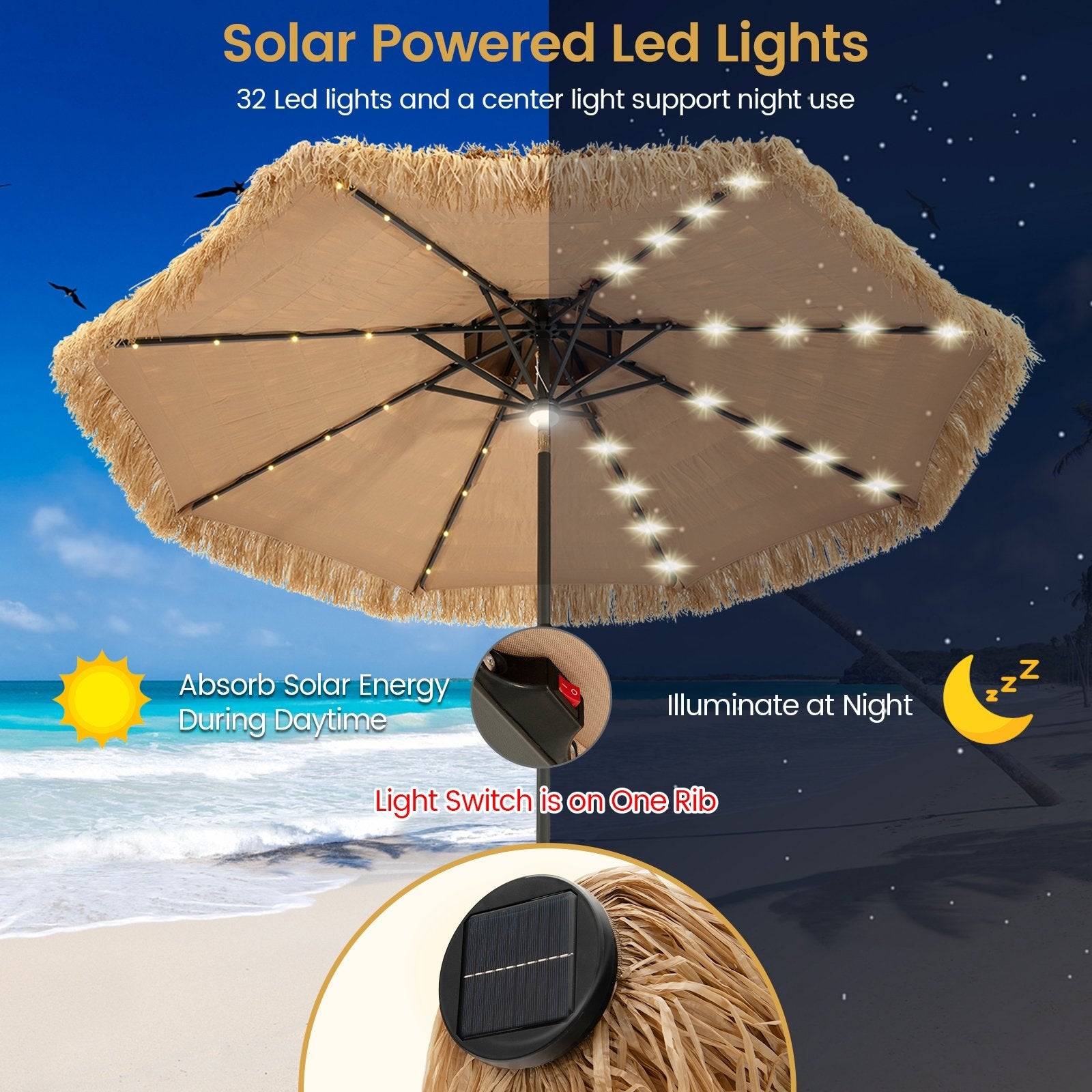 9 Feet Solar Powered Thatched Tiki Patio Umbrella with Led Lights., Natural - Gallery Canada